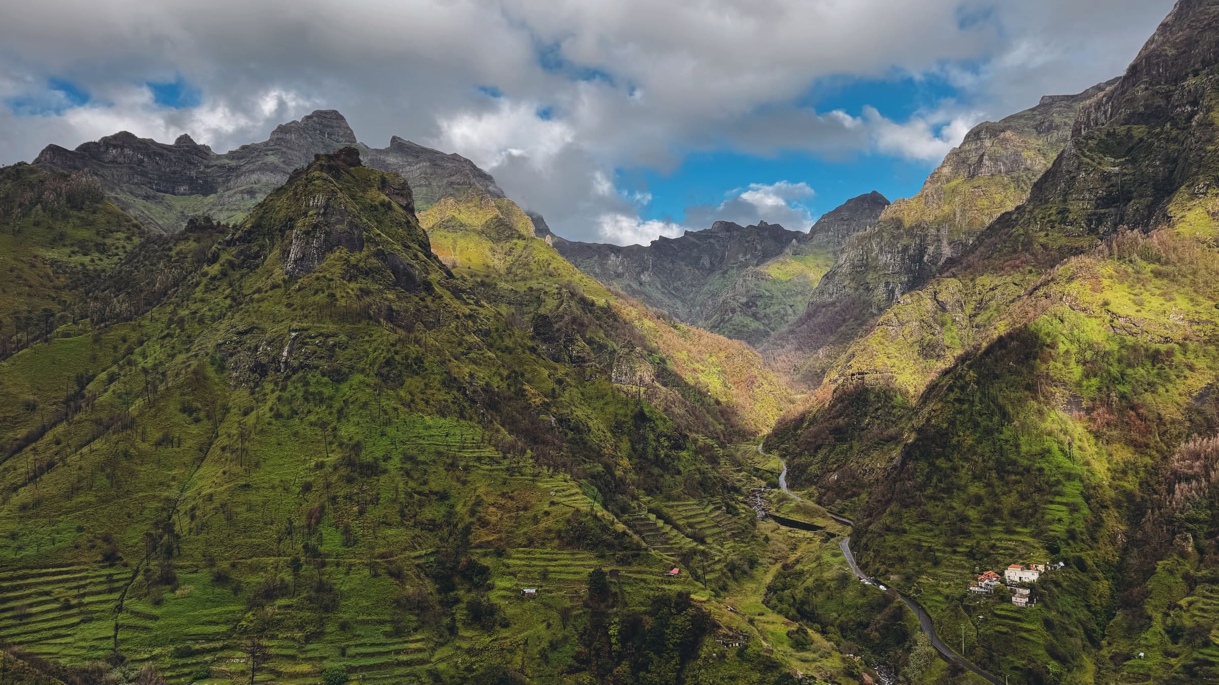 A deep green volcanic valley on Madeira, terraced slopes and a winding road beneath sharp peaks, photographed by the EARTH founders.