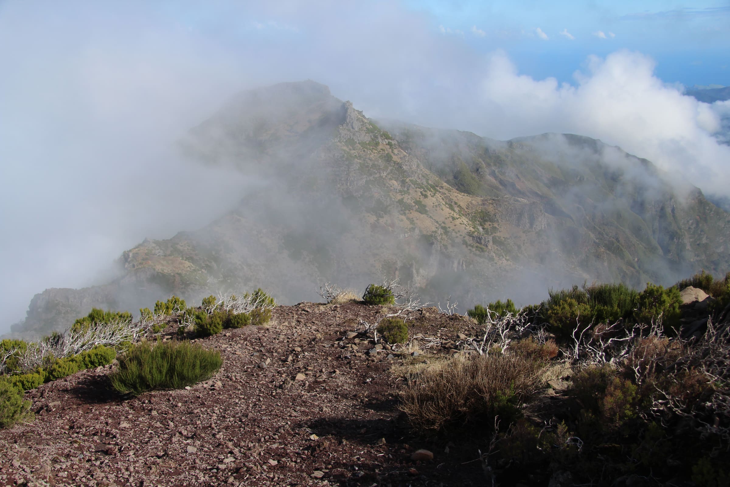 Panoramic view of the mountain ridge near Pico Ruivo, Madeira's highest peak.